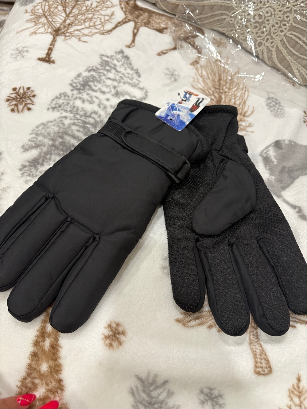 Men's Black waterproof Insulated fleece Winter Gloves no slip grip adjustable